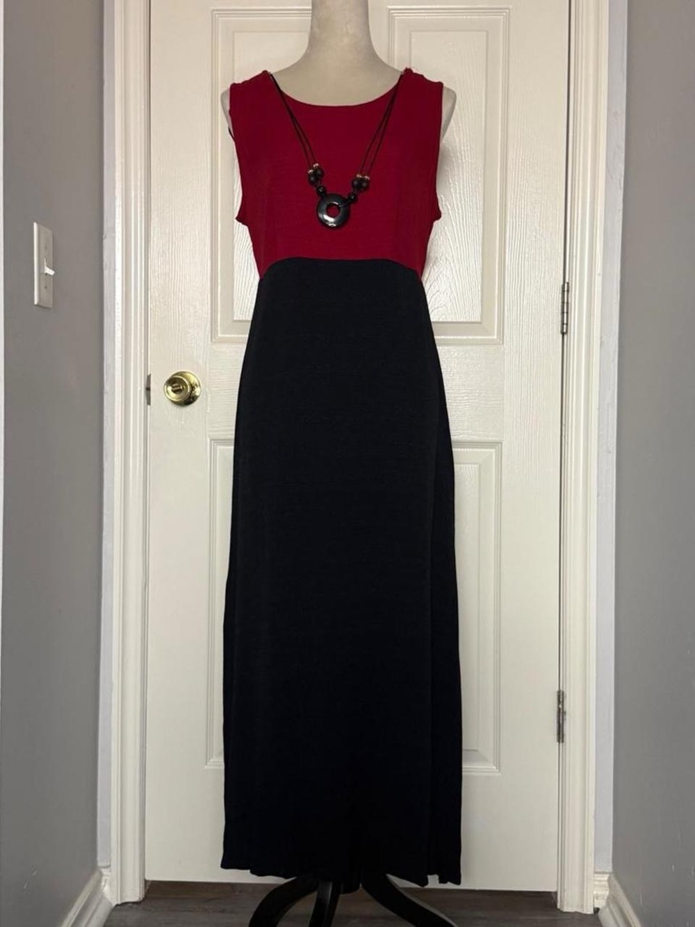Vintage red black color block sleeveless necklace maxi dress 14 - 90's minimal